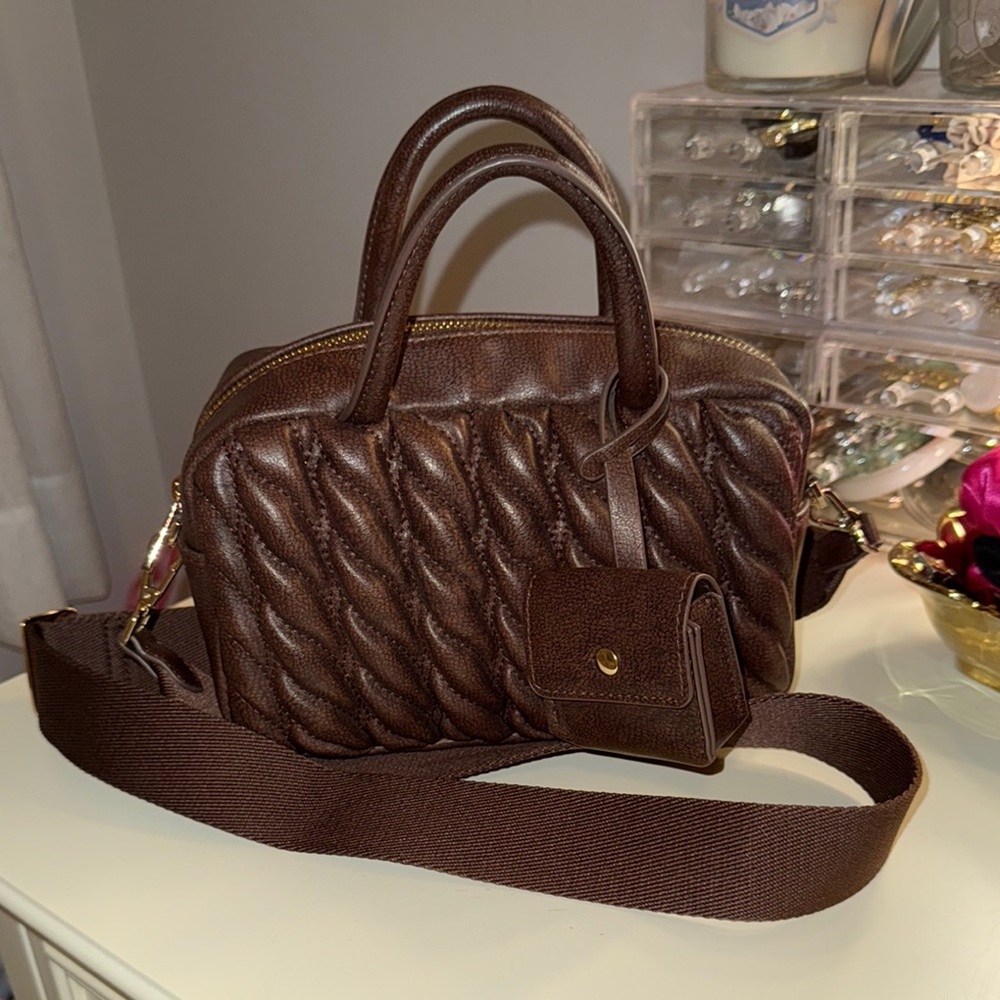 Brown Quilted Handbag with Crossbody Strap